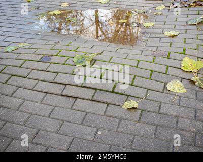 pothole in a block sidewalk with risk to people. Concept of risk Stock Photo