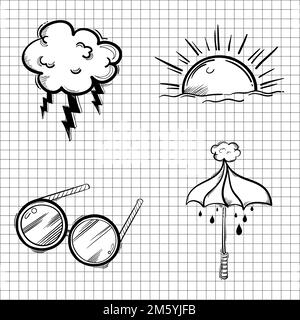 Funky doodle weather icon vector cartoon sticker set Stock Vector
