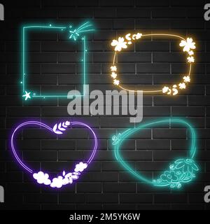 Neon frame vector planet floral pattern set Stock Vector