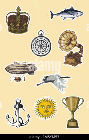 Vectorized object sticker with a white border set Stock Vector