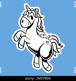 Unicorn outline sticker overlay with a white border on a blue background vector Stock Vector