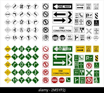 Road Sign Collection Fully Editable Vector Icons In Black And White, Green, Yellow, Red Color Stock Vector