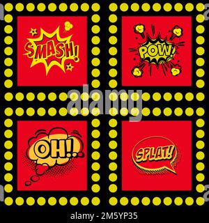 Retro Comic Speech Bubbles Set On Colorful Red Yellow Background. Vintage Smash, Pow, Oh, Splat Comic Sign Pop Art Vector Illustration Stock Vector