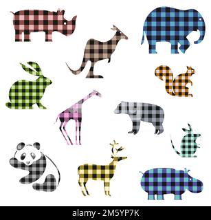 Colorful Buffalo Plaid Pattern Animal Icon Set Stock Vector