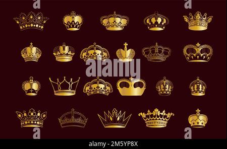 Gold Crown Luxury Symbol Icon Set. Gold Crown For Royal King, Queen, Princess, Prince, Authority, Royalty. Stock Vector