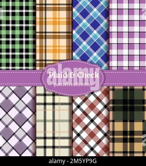 Lumberjack Check Square Plaid Pattern Set In Green, Black, Blue, Purple, Red And Brown Color Stock Vector
