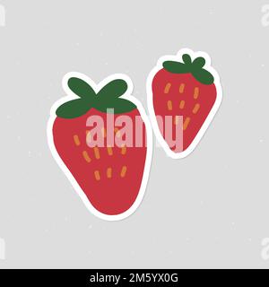 Cute strawberries doodle sticker with a white border vector Stock Vector