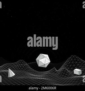 Gray geometric shapes on a wireframe wave background vector Stock Vector