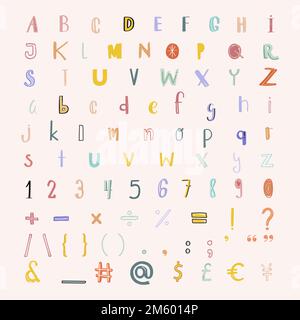 Alphabet numbers punctuations vector doodle font pastel set Stock Vector