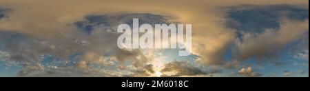 Dark blue sunset sky panorama with golden Cumulus clouds. Seamless hdr 360 panorama in spherical equirectangular format. Full zenith for 3D Stock Photo