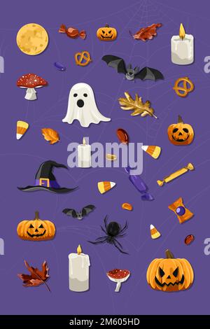 Halloween elements set on purple background vector Stock Vector