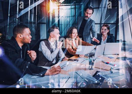 Business people in office connected on internet network analyzing statistics Stock Photo