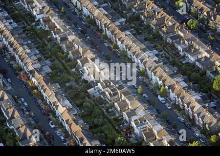 File photo dated 13/08/17 of an aerial view of terraced houses in south west London. A housing market cooldown is expected in 2023 but prices will remain higher than before the coronavirus pandemic started, experts have suggested. House sales are expected to be lower this year than in 2022 and some sellers may need to readjust their price and selling time expectations. Issue date: Sunday January 1, 2023. Stock Photo