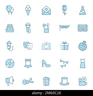 party line vector icons in two colors isolated on white background. birthday party celebration blue icon set for web design, ui, mobile apps, print po Stock Vector