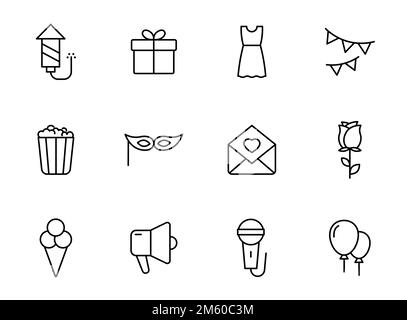 party linear vector icons isolated on white. party celebration icon set for web and ui design, mobile apps and print polygraphy and promo advertising Stock Vector