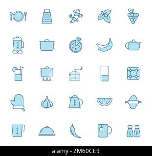 kitchen line vector icons in two colors isolated on white Stock Vector