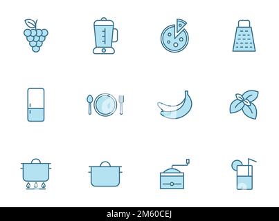 kitchen line vector icons in two colors isolated on white Stock Vector