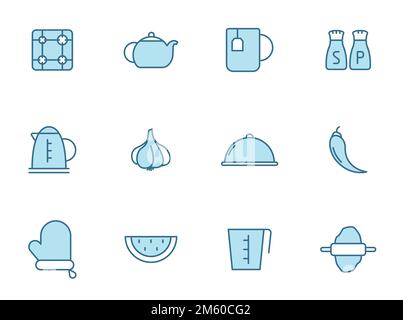 kitchen outline vector icons in two colors isolated on white Stock Vector