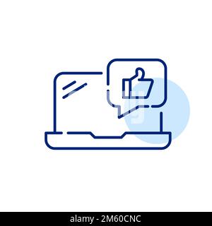Like thumbs up notification on laptop. Pixel perfect, editable stroke line icon Stock Vector