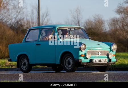 1964 East German Trabant from the cold war years making it's way to Stony Stratford. Credit: Sue Thatcher/Alamy Live News Stock Photo