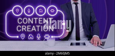 Writing displaying text Content Creation. Business overview contribution of information to any digital media Stock Photo