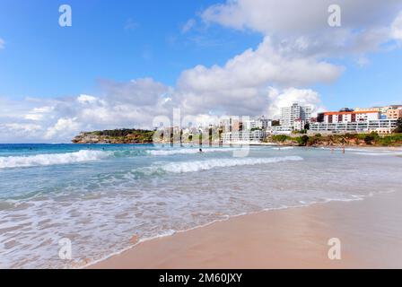 View of Bondi beach on a sunny day. Bondi Beach is one of Australia's most iconic beaches. Sydney Stock Photo