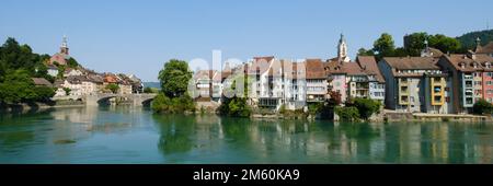 View of Laufenburg with Rhine, left side Baden-Wuerttemberg, Germany, right side Canton Aargau, Switzerland Stock Photo