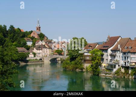 View of Laufenburg with Rhine, left side Baden-Wuerttemberg, Germany, right side Canton Aargau, Switzerland Stock Photo