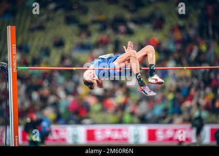 Gianmarco Tamberi jumping in the high jump at the European Athletics Championships in Munich 2022. Stock Photo