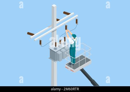 Isometric Transformer . Electric Energy Factory Distribution Chain. Maintenance of voltage transformer, repair of power lines, work at height in Stock Vector