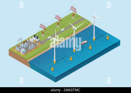 Isometric Green energy industry. Wind turbines generating electricity Sustainable renewable power and a wave power station is a power station located Stock Vector