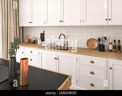 Loft kitchen interior with white tile. White color furniture. Modern countertops with a built in sink and a cooker. 3d rendering. High quality 3d Stock Photo