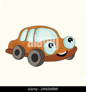 Cute brown car, kids toy. Cartoot transport. Retro automobile isolated on white background. Vector illustration. Doodle style. Design for baby print Stock Vector