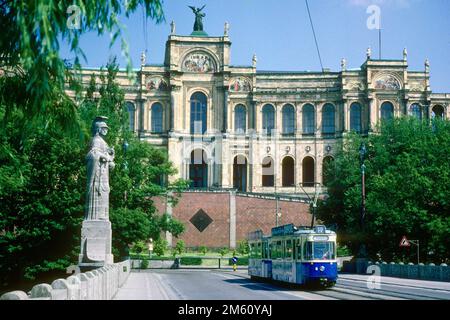 Maximilian's Bridge with tram in front of the Maximilianeum in 1982, Munich, Bavaria, Germany Stock Photo