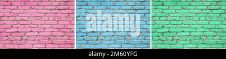 Set of multicolor brick wall background. Backdrop of Pink, blue and cyan bricks Stock Photo