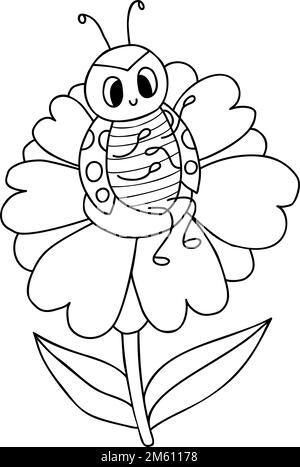Cute ladybug. Funny small insect on flower. Vector illustration. Outline hand drawing. doodle ladybird character for childrens collection, coloring, d Stock Vector