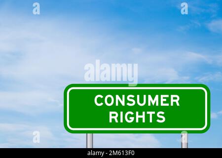 Green color transportation sign with word consumer rights on blue sky with white cloud background Stock Photo