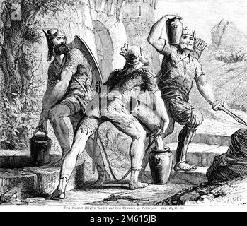 The strong men draw water out of the well of Bethlehem, Bible, Old Testament, Second Book of Samuel, Chapter 23, Verse16,  illustration 1850 Stock Photo