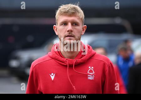 Joe Worrall #4 of Nottingham Forest arrives before the Premier League match Nottingham Forest vs Chelsea at City Ground, Nottingham, United Kingdom, 1st January 2023  (Photo by Craig Thomas/News Images) Stock Photo