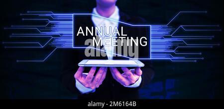 Writing displaying text Annual Meeting. Concept meaning Yearly gathering of an organization interested shareholders Stock Photo