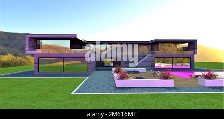 Amazing view of the contemporary suburban dwelling with pool in the courtyard. Stunning mountains landscape. 3d rendering. Stock Photo