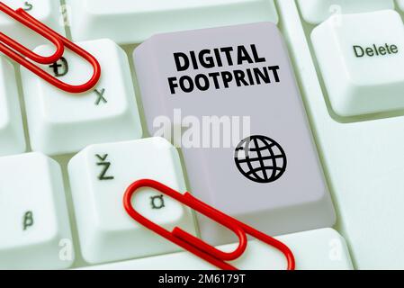 Text showing inspiration Digital Footprint. Word for uses digital technology to operate the manufacturing process Stock Photo