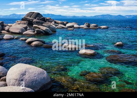 Iconic Lake Tahoe view at Bonsai Rock in Nevada Stock Photo