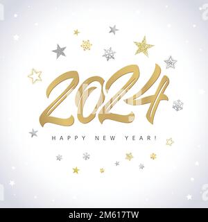 A Happy New Year 2024 beautiful decoration concept. Christmas tree ball design, handdrawing style number 20 24. Isolated glittering shiny stars. Stock Vector