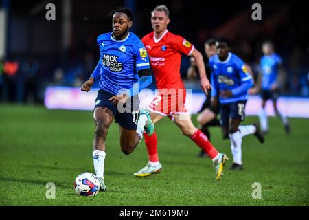 Peterborough, UK. 1st January 2023. Ricky Jade Jones (17 Peterborough United) goes forward during the Sky Bet League 1 match between Peterborough and Wycombe Wanderers at London Road, Peterborough on Sunday 1st January 2023. (Credit: Kevin Hodgson | MI News) Credit: MI News & Sport /Alamy Live News Stock Photo
