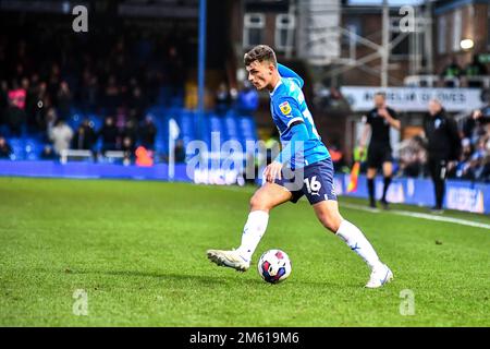 Peterborough, UK. 1st January 2023. Harrison Burrows (16 Peterborough United) controls the ball during the Sky Bet League 1 match between Peterborough and Wycombe Wanderers at London Road, Peterborough on Sunday 1st January 2023. (Credit: Kevin Hodgson | MI News) Credit: MI News & Sport /Alamy Live News Stock Photo