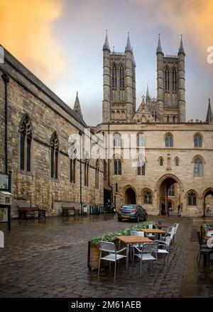 Exchequer Gate as seen from Castle Hill. The three arched passages of the gate were originally the main ceremonial access point to Cathedral close. Stock Photo