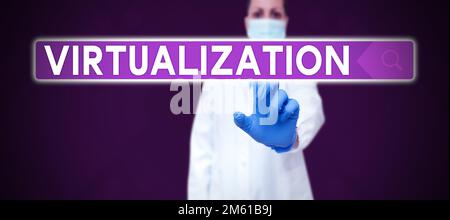Conceptual caption Virtualization. Word for application of virtual environment to computer games Stock Photo