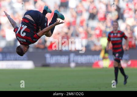 Sydney, Australia. 1st Jan 2023. Brandon Borrello of Western Sydney Wanderers FC celebrates with a back flip after scoring a goal during the match between Wanderers and Macarthur at CommBank Stadium on January 1, 2023 in Sydney, Australia Credit: IOIO IMAGES/Alamy Live News Credit: IOIO IMAGES/Alamy Live News Stock Photo