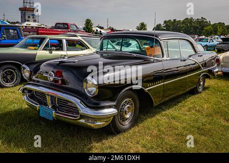 Iola, WI - July 07, 2022: High perspective front corner view of a 1956 Oldsmobile 88 Holiday Sedan at a local car show. Stock Photo